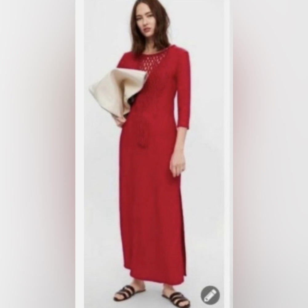 NWT Zara Long Sleeve Fringe Knit Midi Dress - Picture 3 of 12